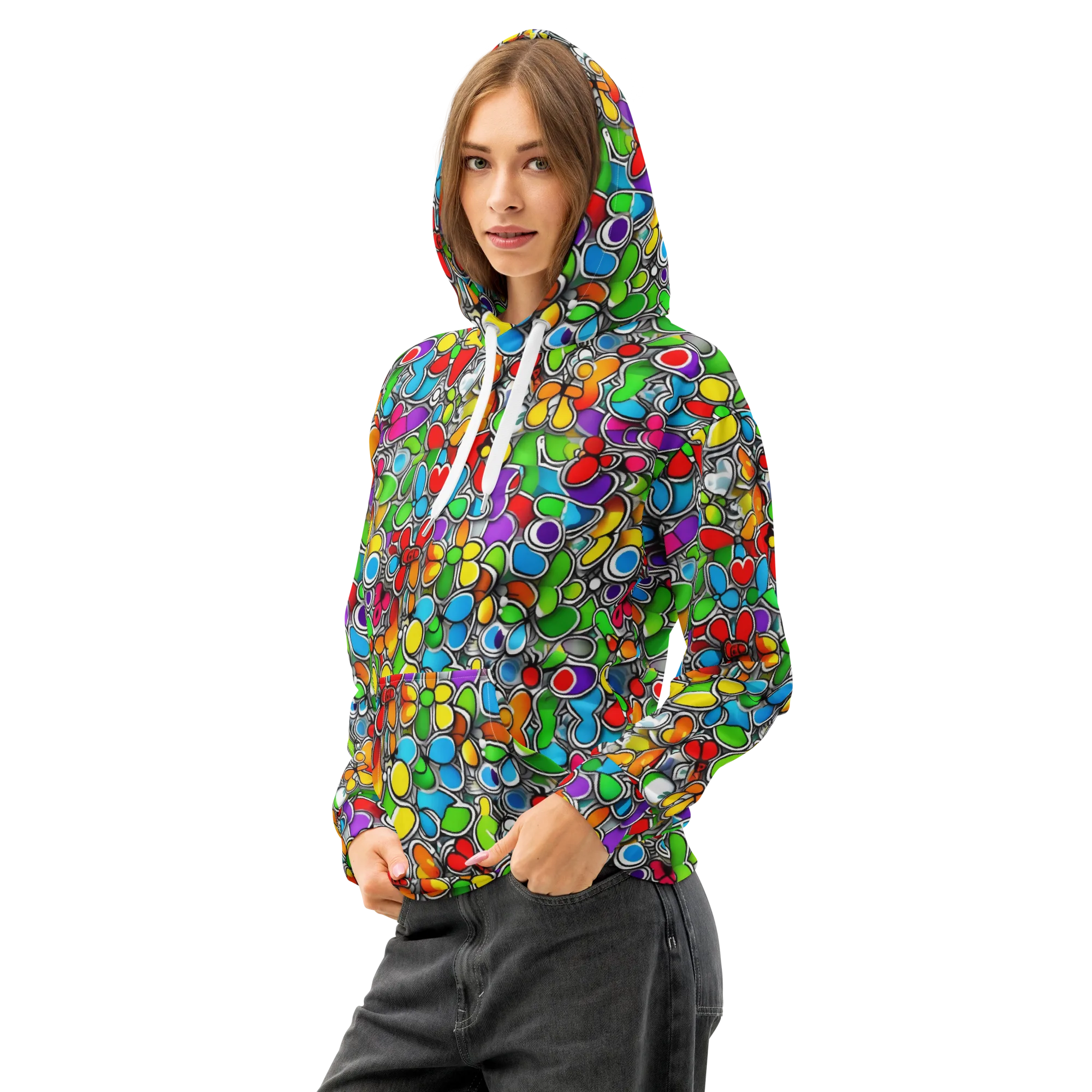 Neon Petal Parade on Cotton Hoodie — Left Front
