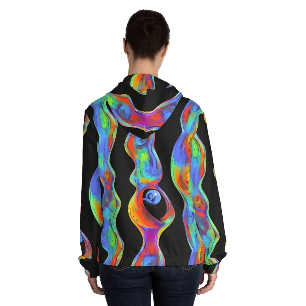 Vibrant Vortices on Women's Full-Zip Hoodie — Back On Person