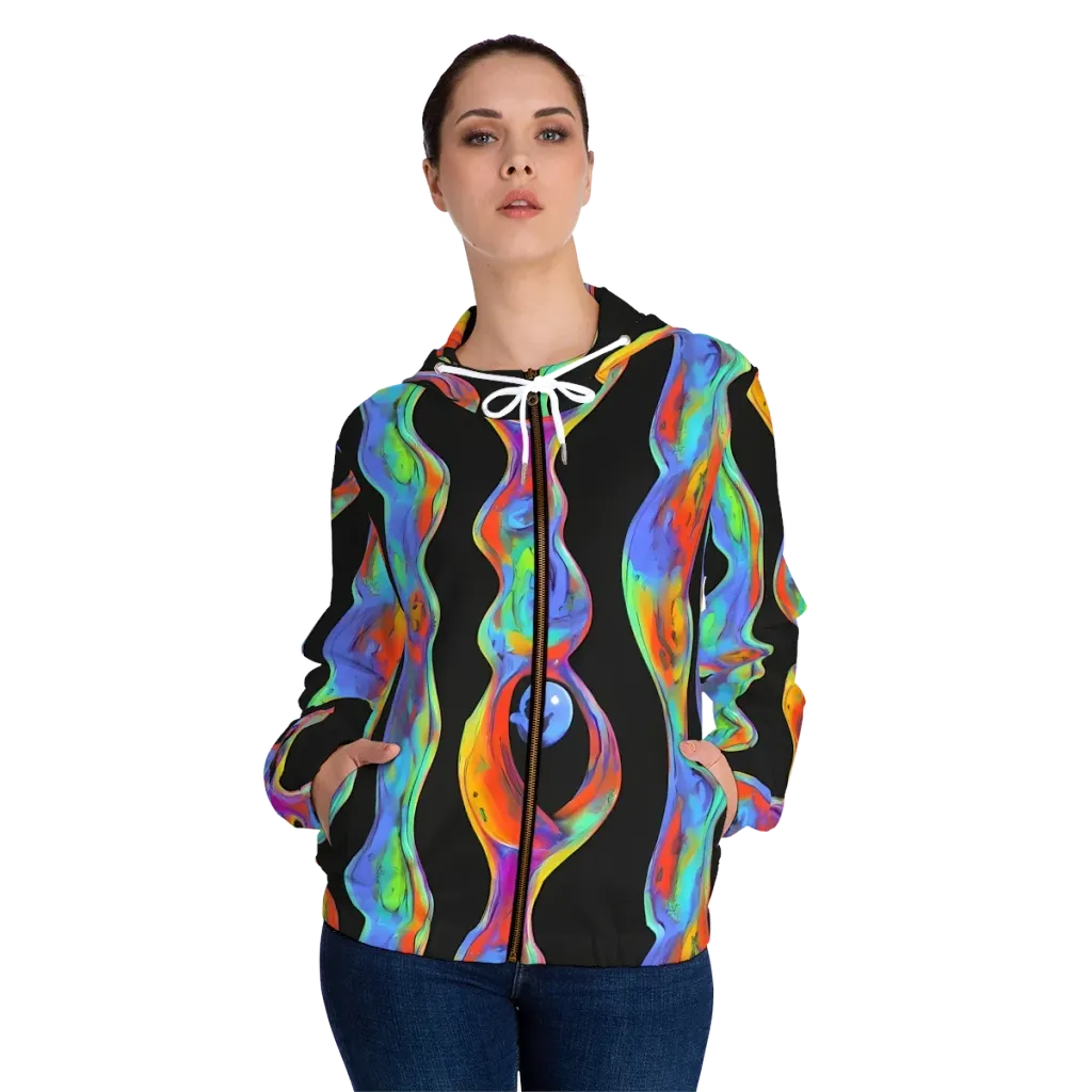 Vibrant Vortices on Women's Full-Zip Hoodie — Front On Person