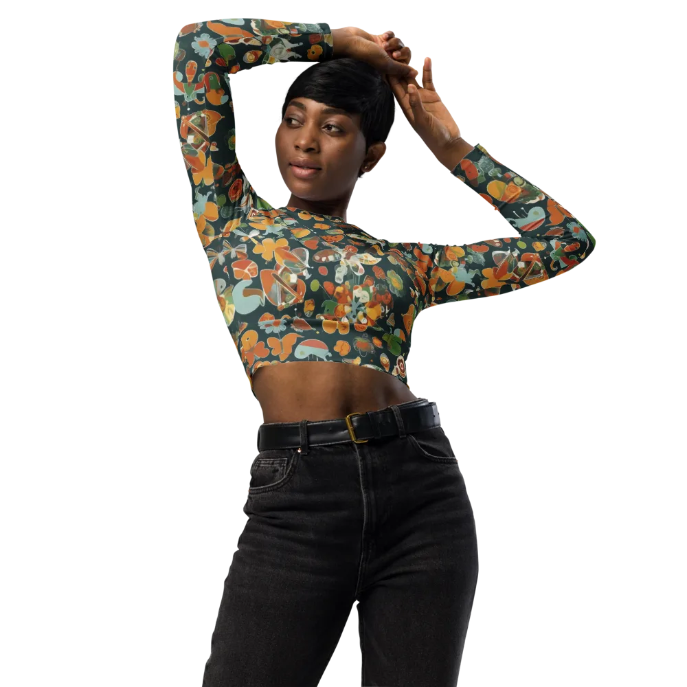 Menagerie in Moss on Long Sleeve Crop Top — Front