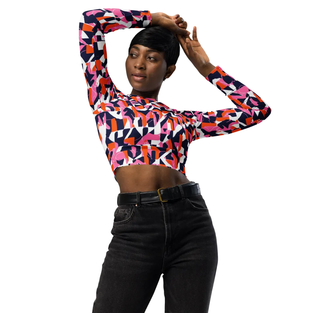 Flamingo Static on Long Sleeve Crop Top — Front
