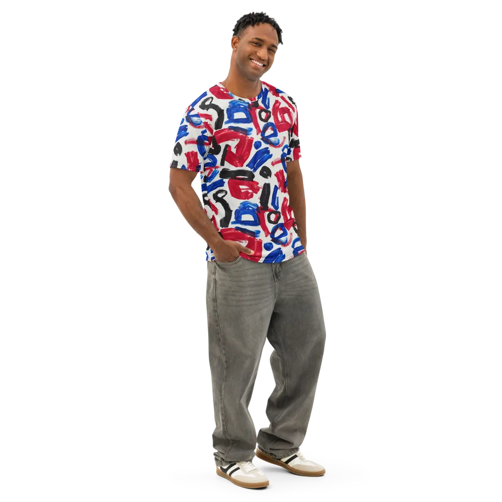 Red White Blue Brushline on Men's Cotton Crew Neck T-Shirt — Right Front