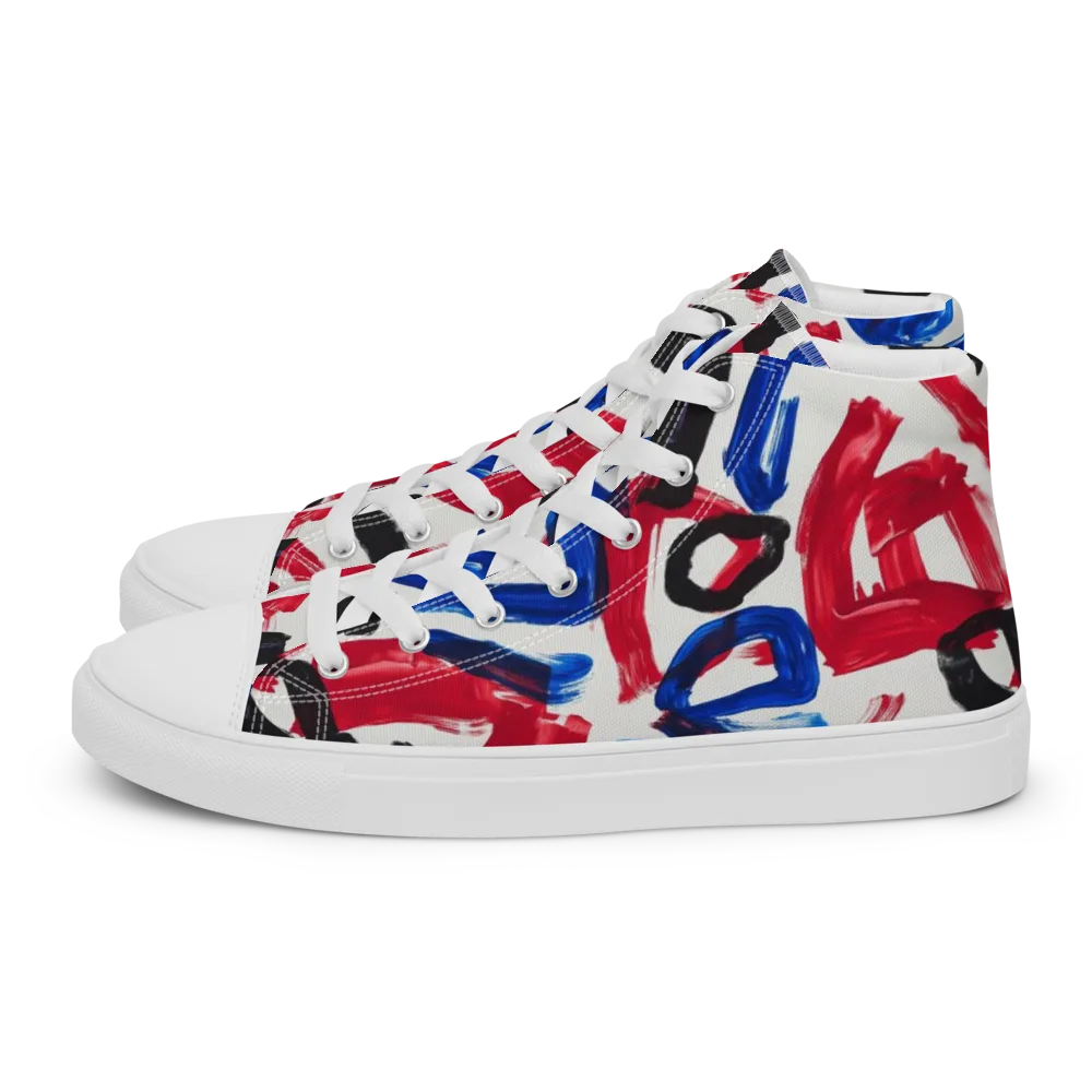 Red White Blue Brushline on Men's High Top Canvas Shoes — Left