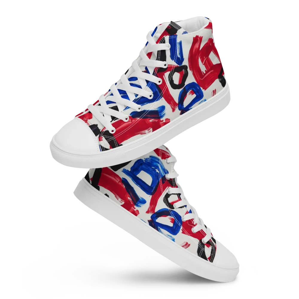 Red White Blue Brushline on Men's High Top Canvas Shoes — Front