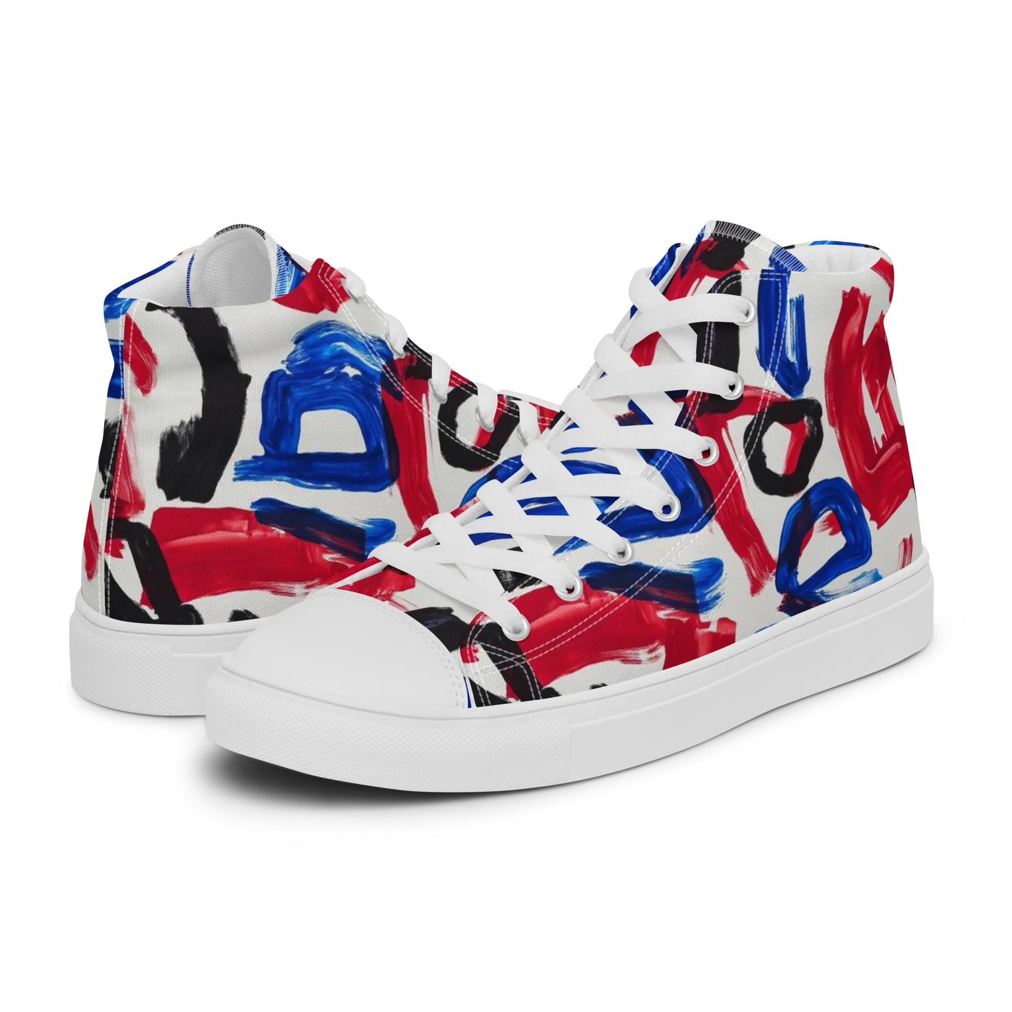 Red White Blue Brushline on Women's High Top Canvas Shoes — Left
