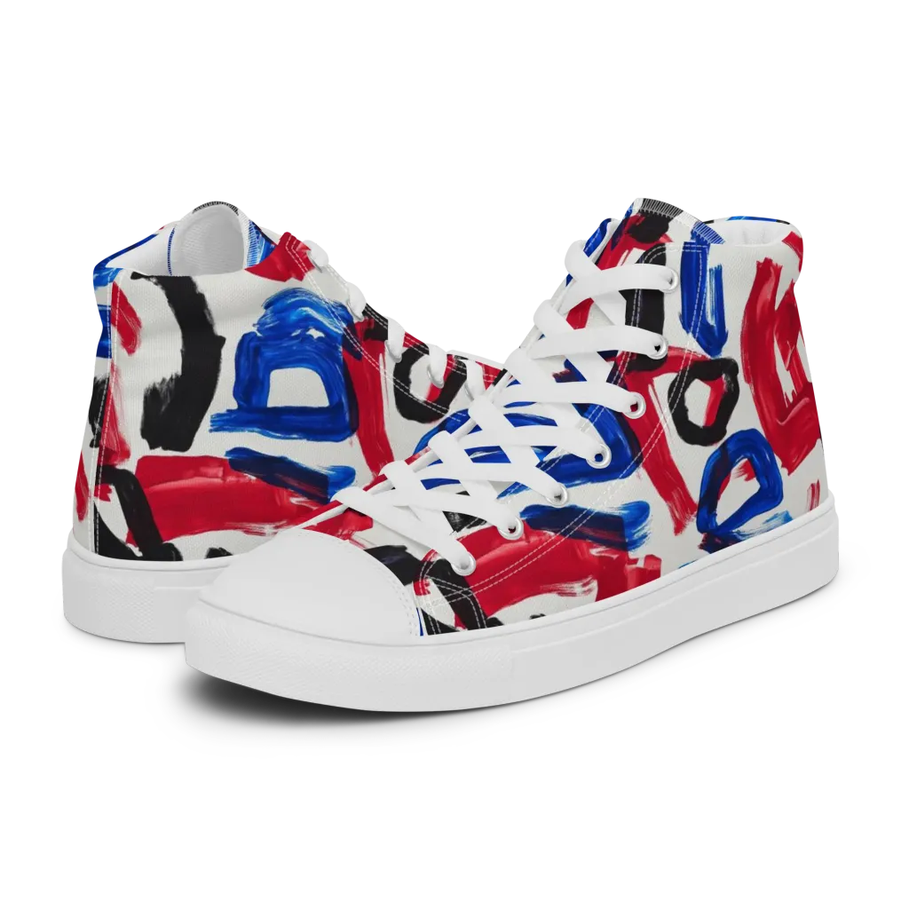 Red White Blue Brushline on Women's High Top Canvas Shoes — Left