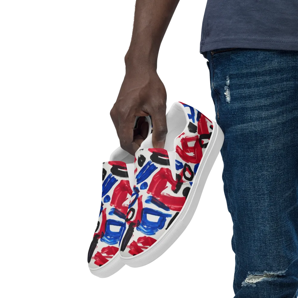 Red White Blue Brushline on Men's Slip-On Canvas Shoes — Left Front