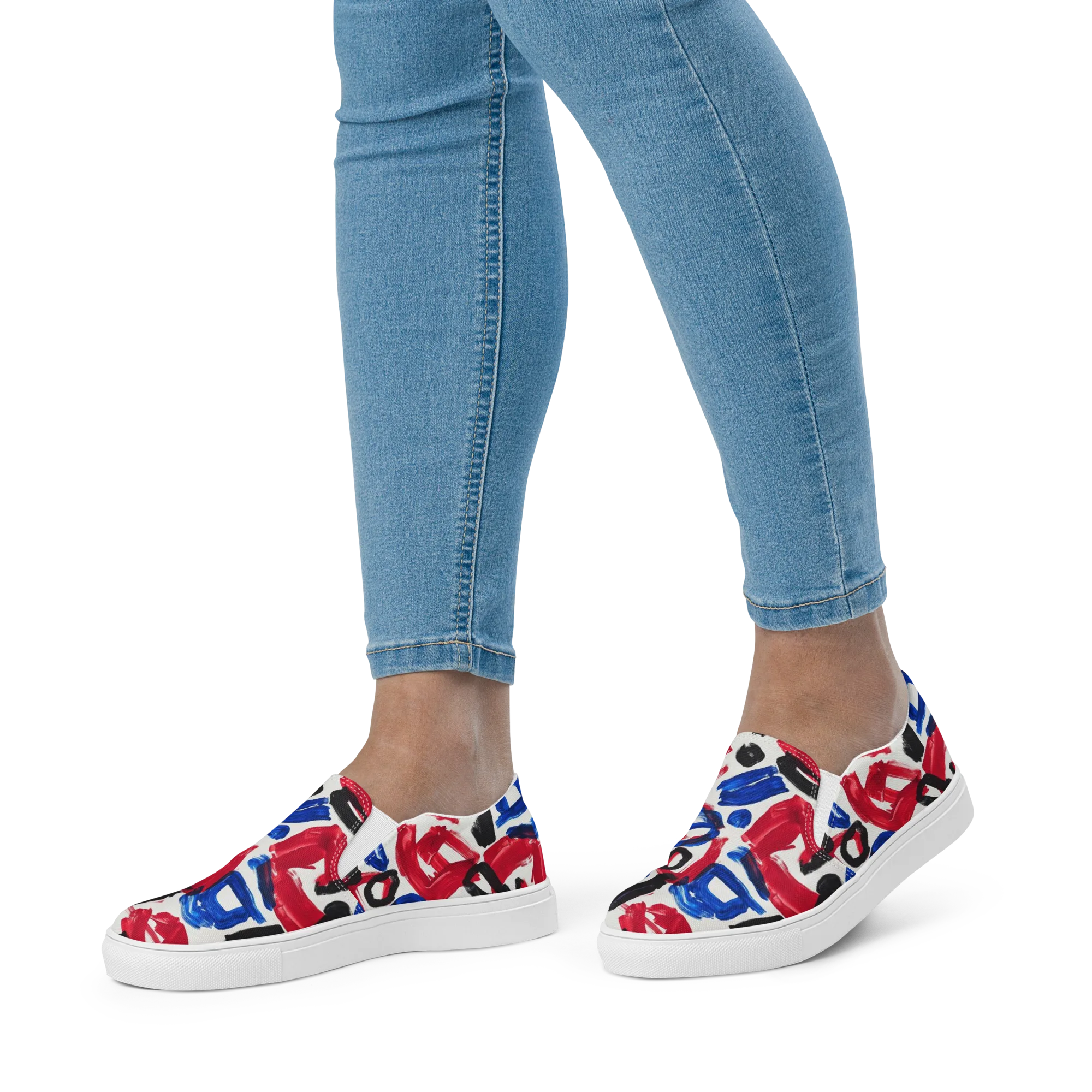 Red White Blue Brushline on Women's Slip-On Canvas Shoes — Front