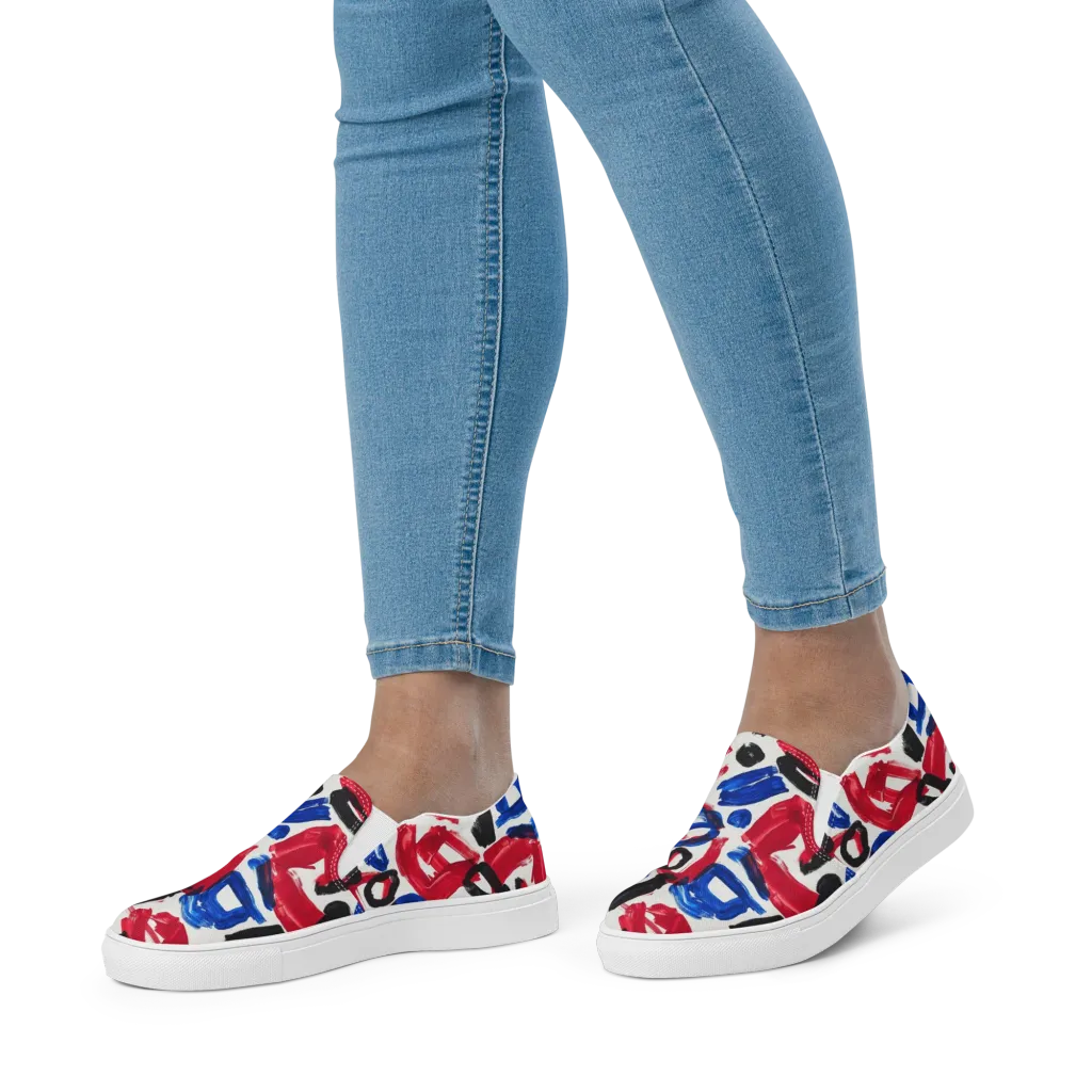 Red White Blue Brushline on Women's Slip-On Canvas Shoes — Front