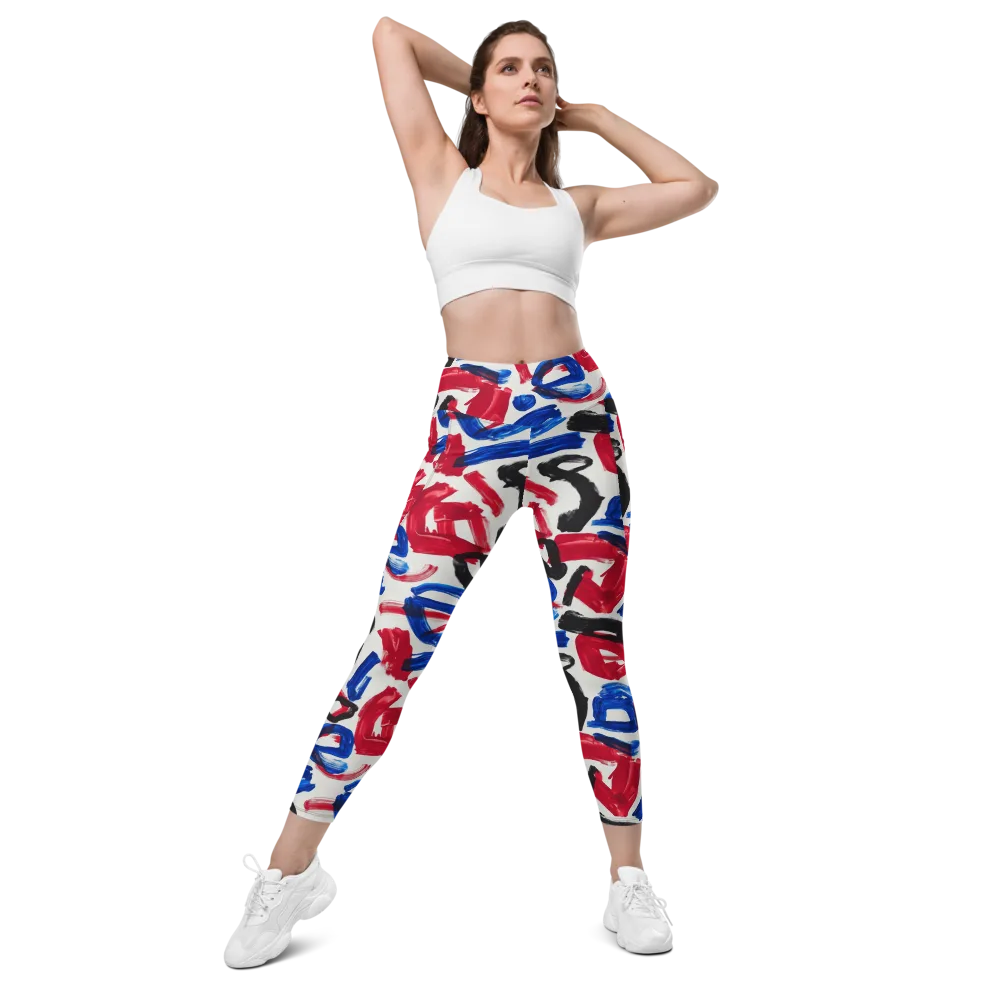 Red White Blue Brushline on Leggings with Pockets — Front