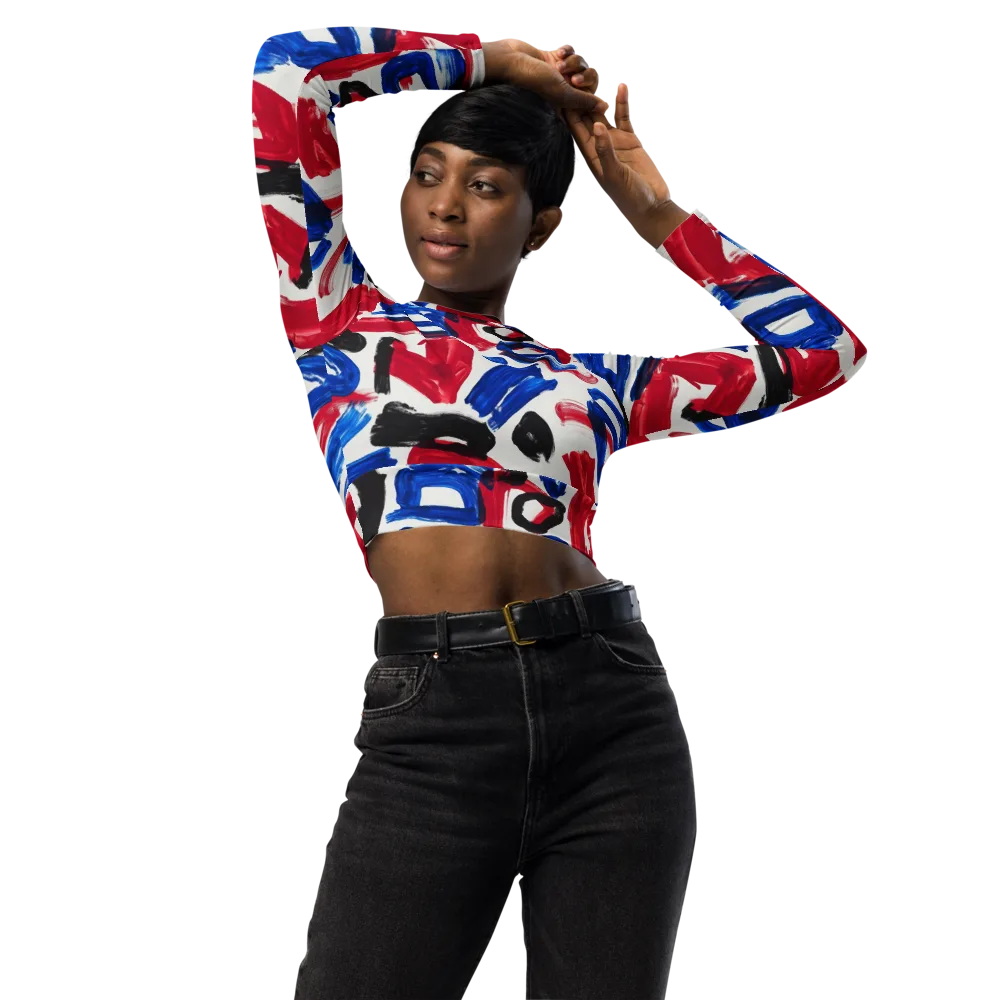 Red White Blue Brushline on Long Sleeve Crop Top — Front
