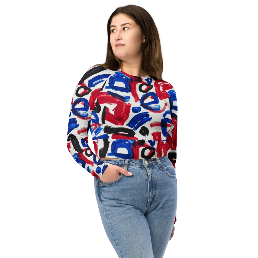 Red White Blue Brushline on Long Sleeve Crop Top — Front