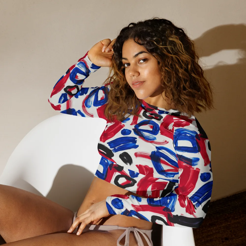 Red White Blue Brushline on Long Sleeve Crop Top — Left Front