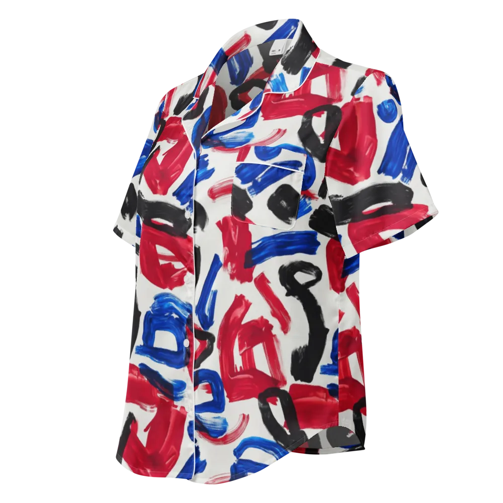 Red White Blue Brushline on Women's Short Sleeve Pajama Top — Left Front
