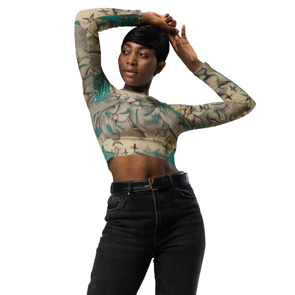 Turquoise Starlet on Long Sleeve Crop Top — Front