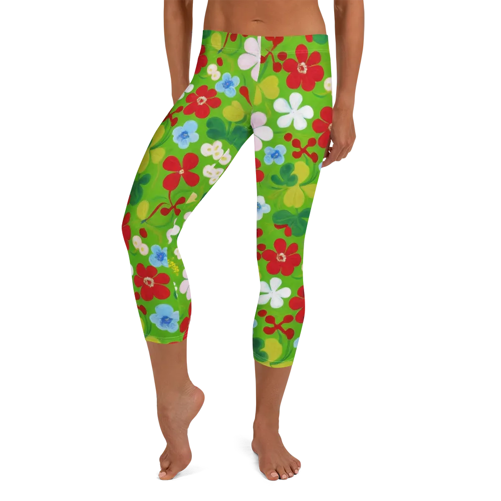 Verdant Gardenia on Capri Leggings — Front