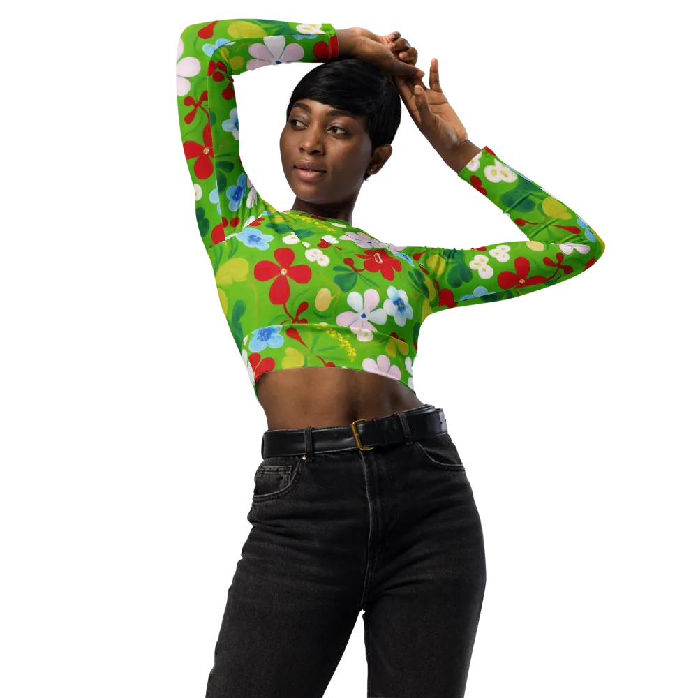 Verdant Gardenia on Long Sleeve Crop Top — Front