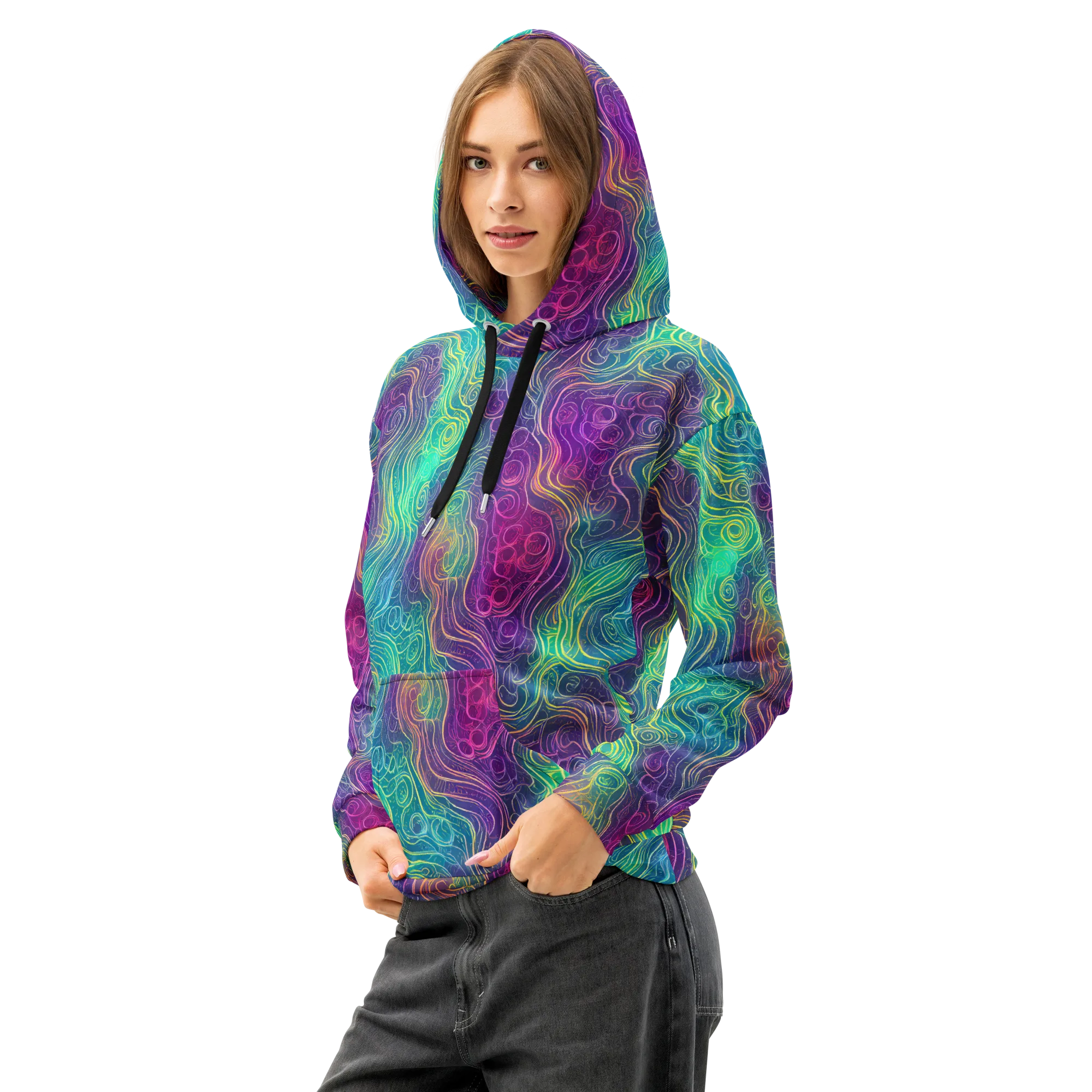 Chromatic Currents on Cotton Hoodie — Left Front
