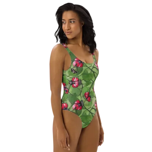 Crimson Lily Pad on a One-Piece Swimsuit