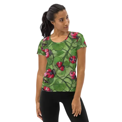 Crimson Lily Pad on a Women's Athletic T-Shirt