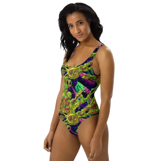 Neon Moonfall on a One-Piece Swimsuit