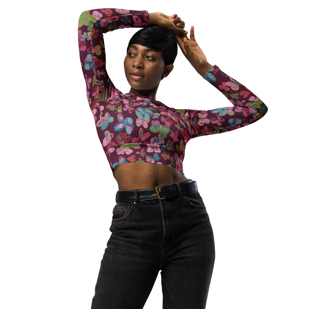 Butterfly Brocade on Long Sleeve Crop Top — Front