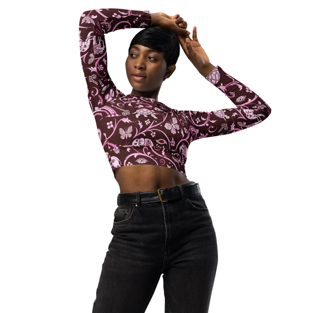 Burgundy Garden on Long Sleeve Crop Top — Front