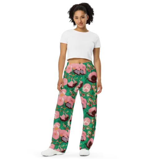 Emerald Chrysanthemum on a Wide-Leg Pants