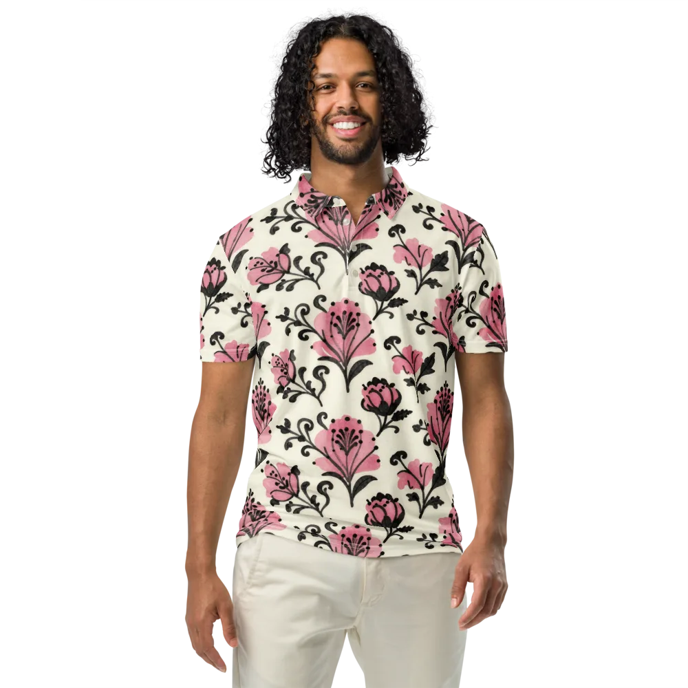Pink Curlicue Garden on Men's Slim Fit Polo Shirt — Front