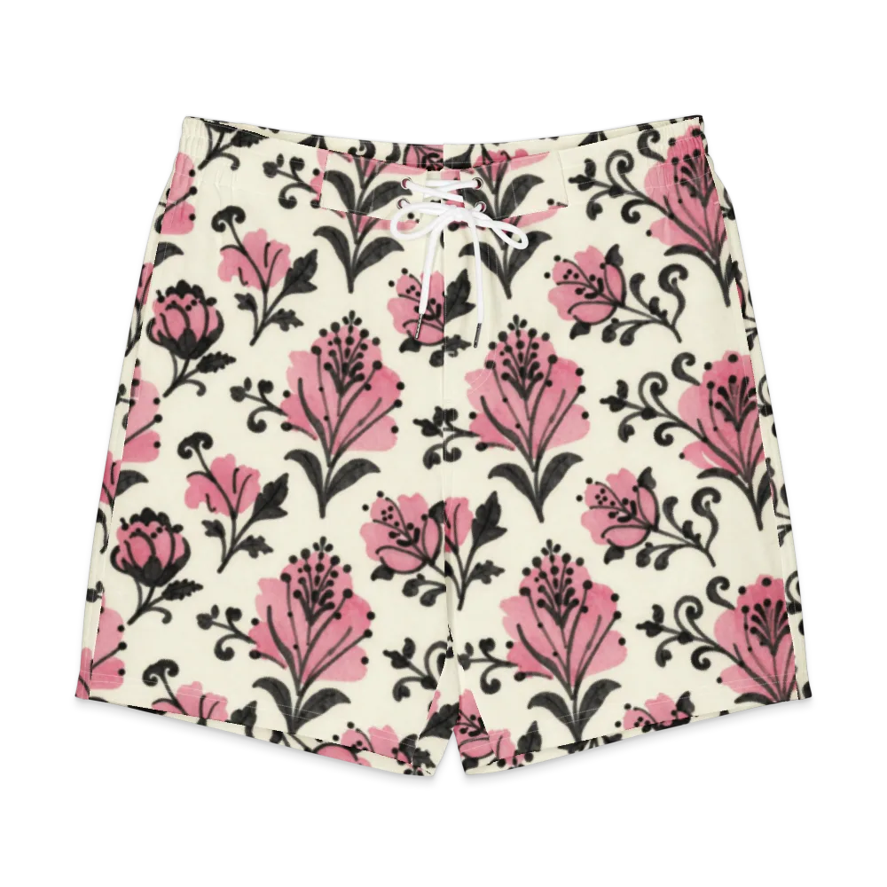Pink Curlicue Garden on Men's Board Shorts — Front