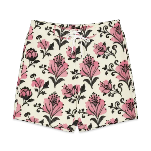Pink Curlicue Garden on a Men's Board Shorts