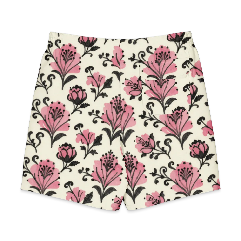 Pink Curlicue Garden on Men's Board Shorts — Back