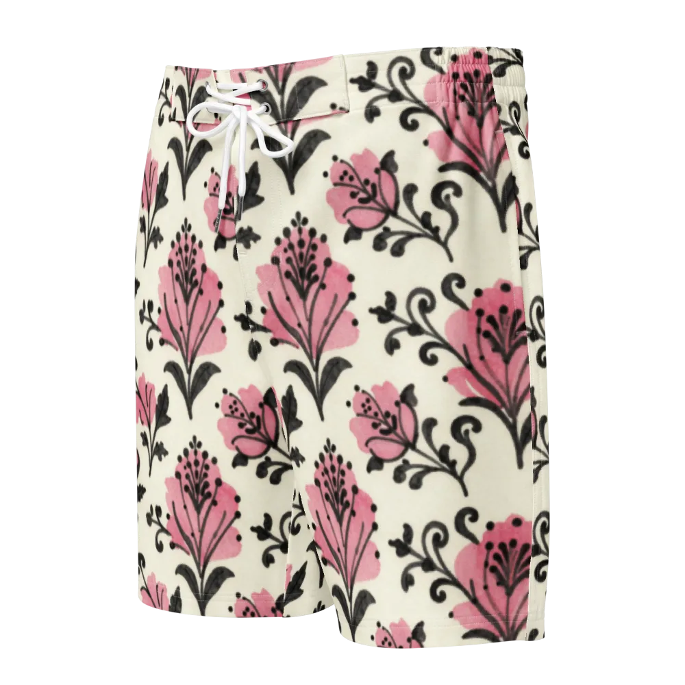 Pink Curlicue Garden on Men's Board Shorts — Front
