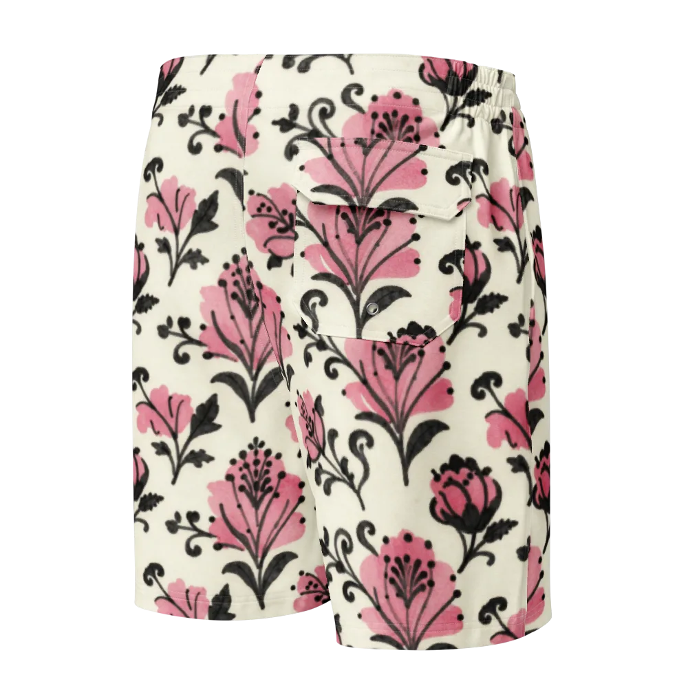 Pink Curlicue Garden on Men's Board Shorts — Back