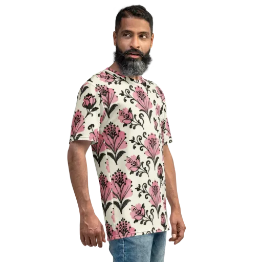 Pink Curlicue Garden on a Men's Crew Neck T-Shirt