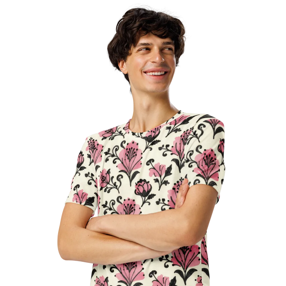 Pink Curlicue Garden on Men's Crew Neck T-Shirt — Left Front
