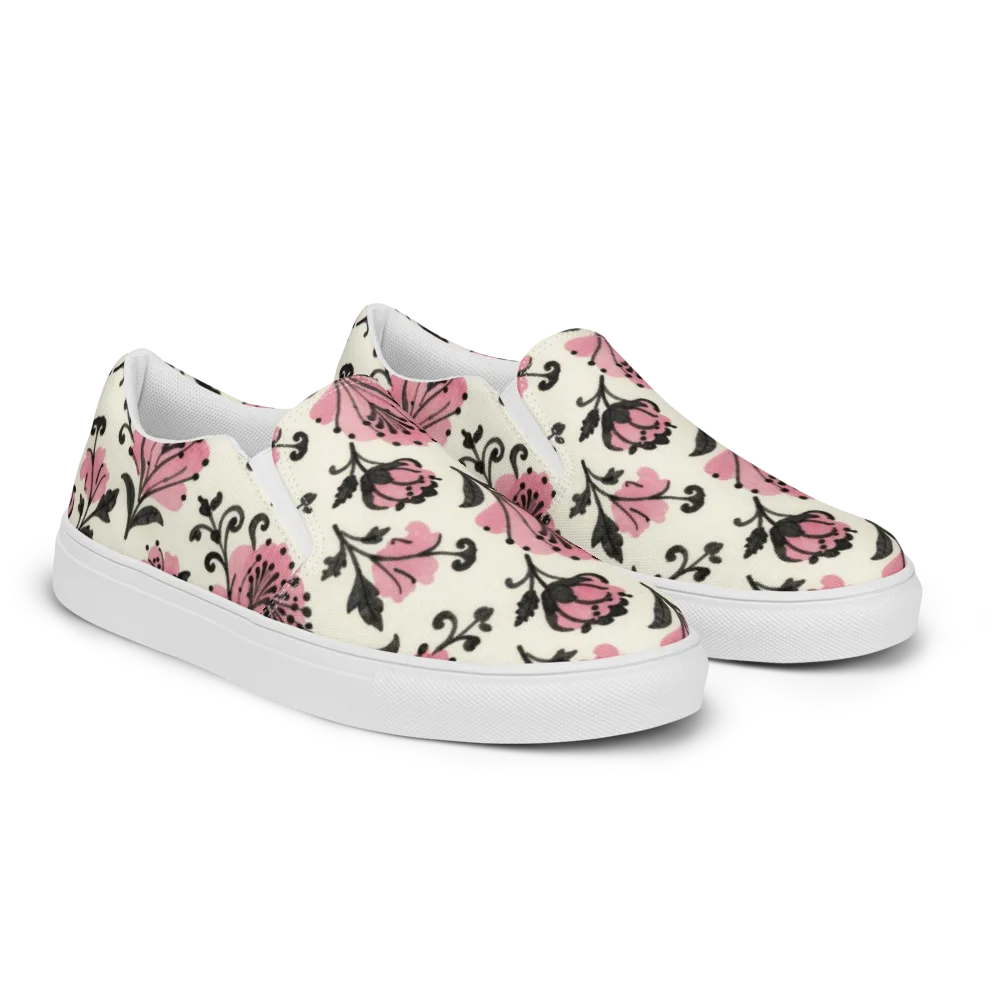 Pink Curlicue Garden on Men's Slip-On Canvas Shoes — Right Front