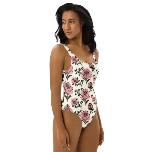 Pink Curlicue Garden on a One-Piece Swimsuit