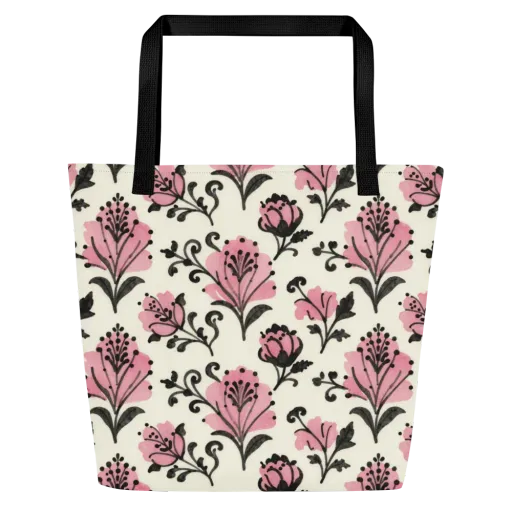 Pink Curlicue Garden on a Large Tote Bag W/ Pocket