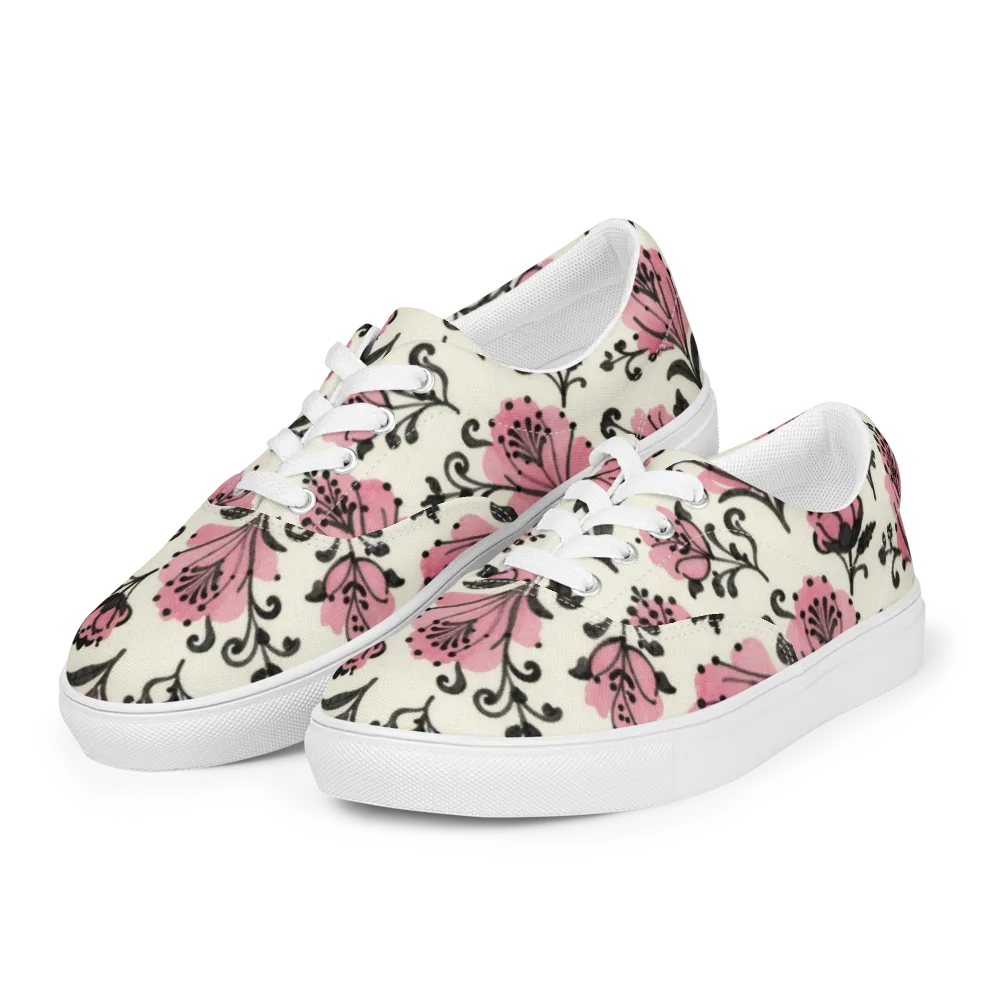 Pink Curlicue Garden on Men's Lace-Up Canvas Shoes — Left Front