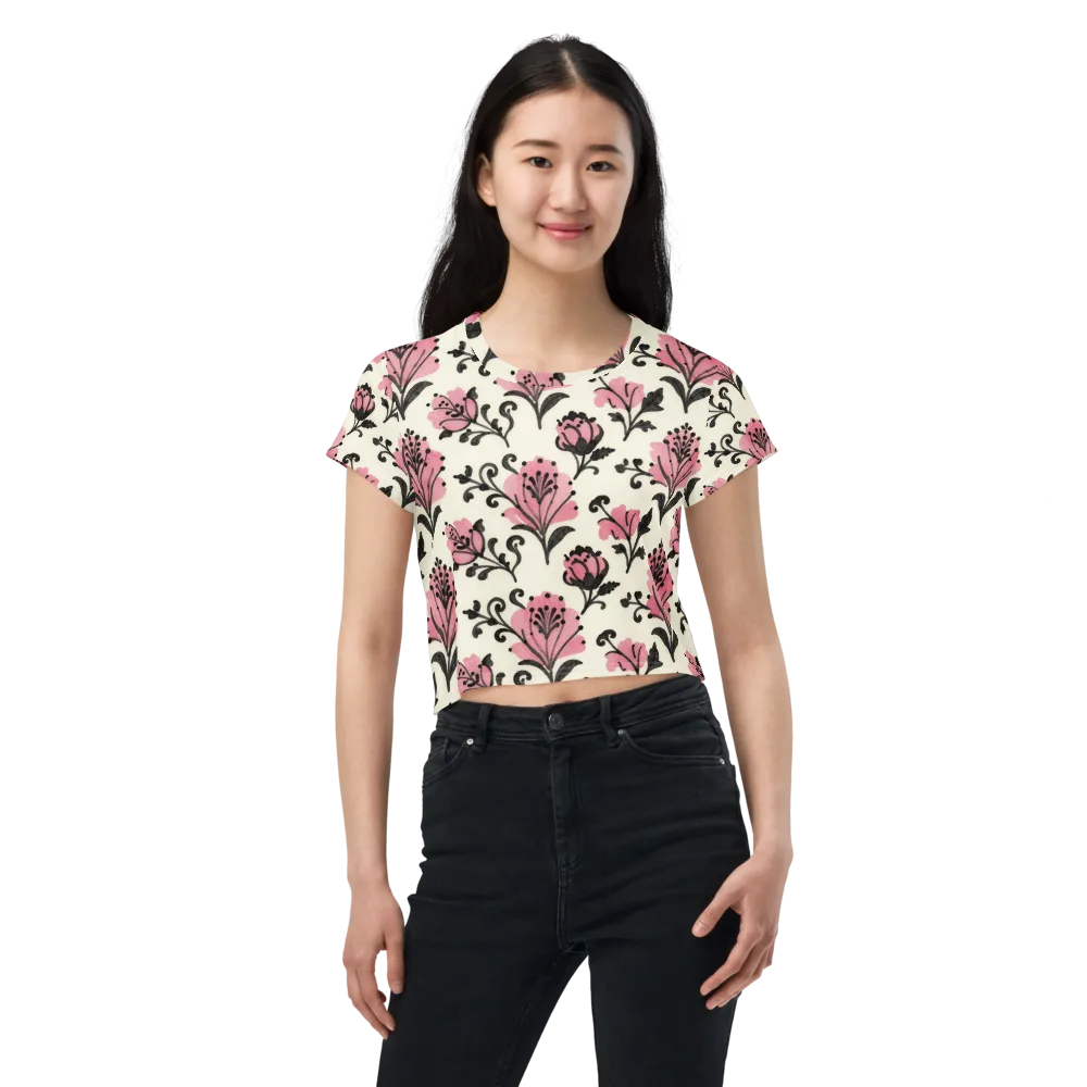 Pink Curlicue Garden on Crop Tee — Front