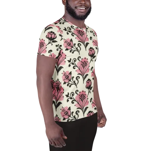 Pink Curlicue Garden on a Men's Athletic T-Shirt