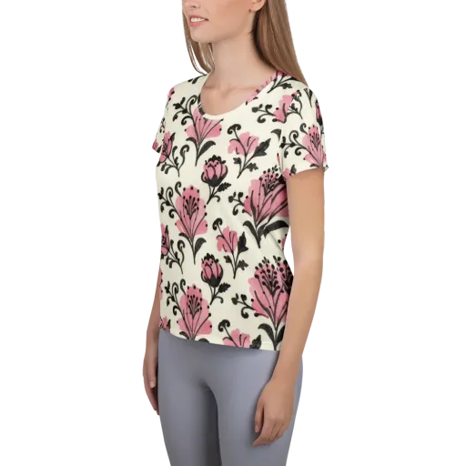 Pink Curlicue Garden on a Women's Athletic T-Shirt