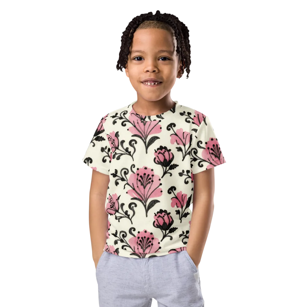 Pink Curlicue Garden on Kids Crew Neck T-Shirt — Front