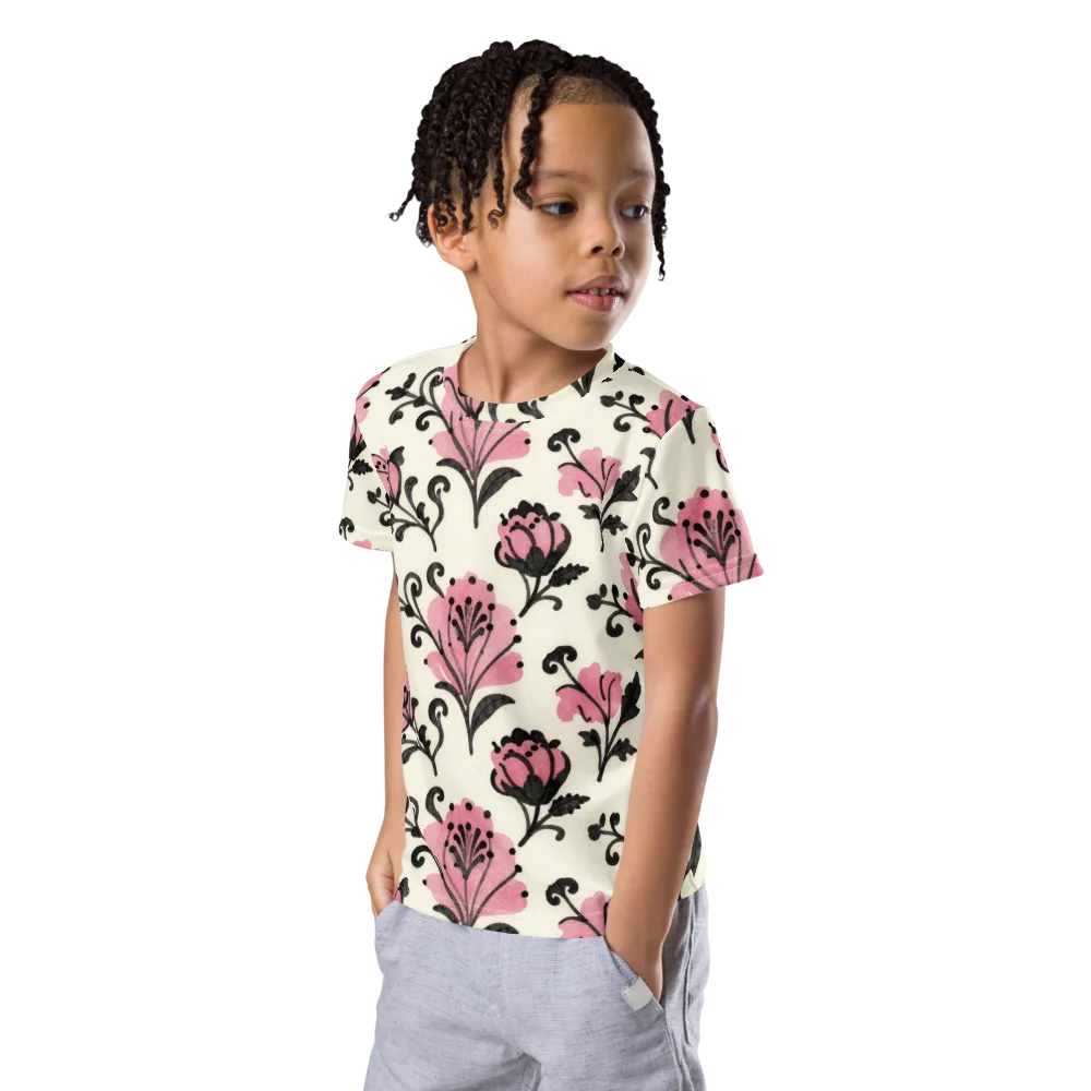 Pink Curlicue Garden on Kids Crew Neck T-Shirt — Left Front