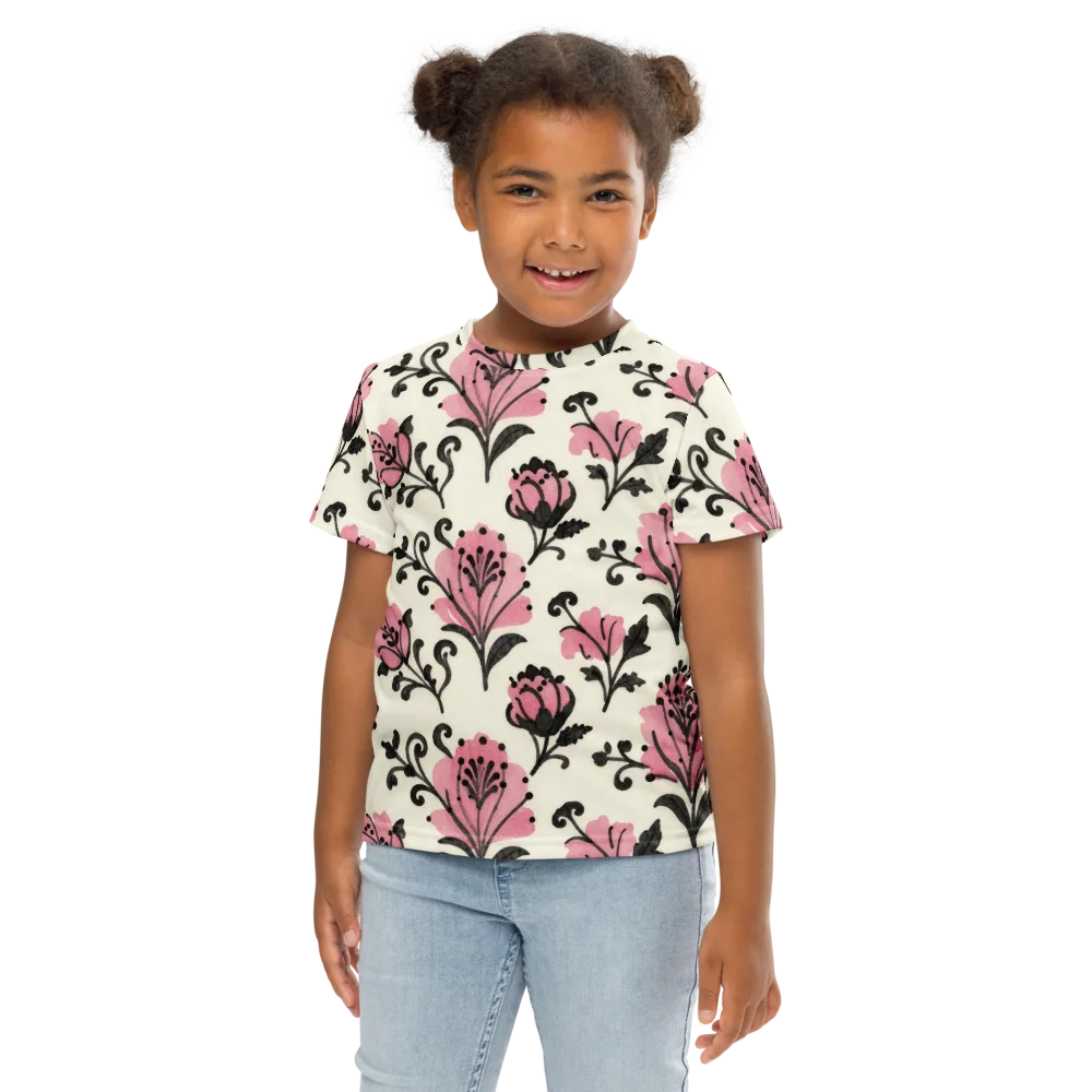 Pink Curlicue Garden on Kids Crew Neck T-Shirt — Front