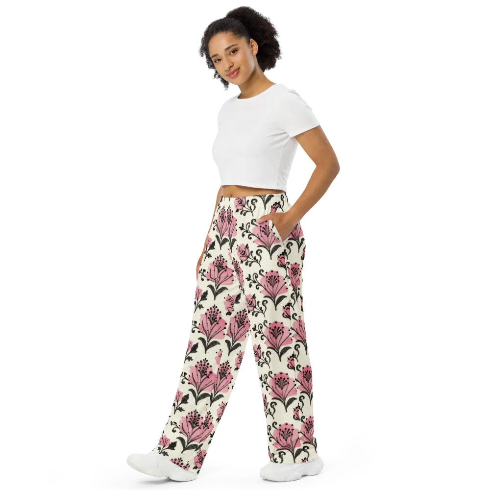 Pink Curlicue Garden on Wide-Leg Pants — Left Front