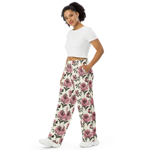Pink Curlicue Garden on a Wide-Leg Pants