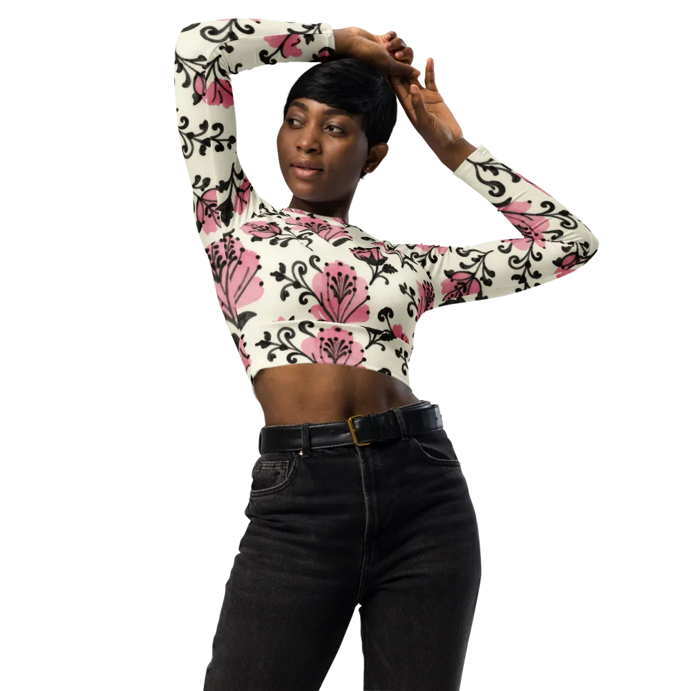 Pink Curlicue Garden on Long Sleeve Crop Top — Front