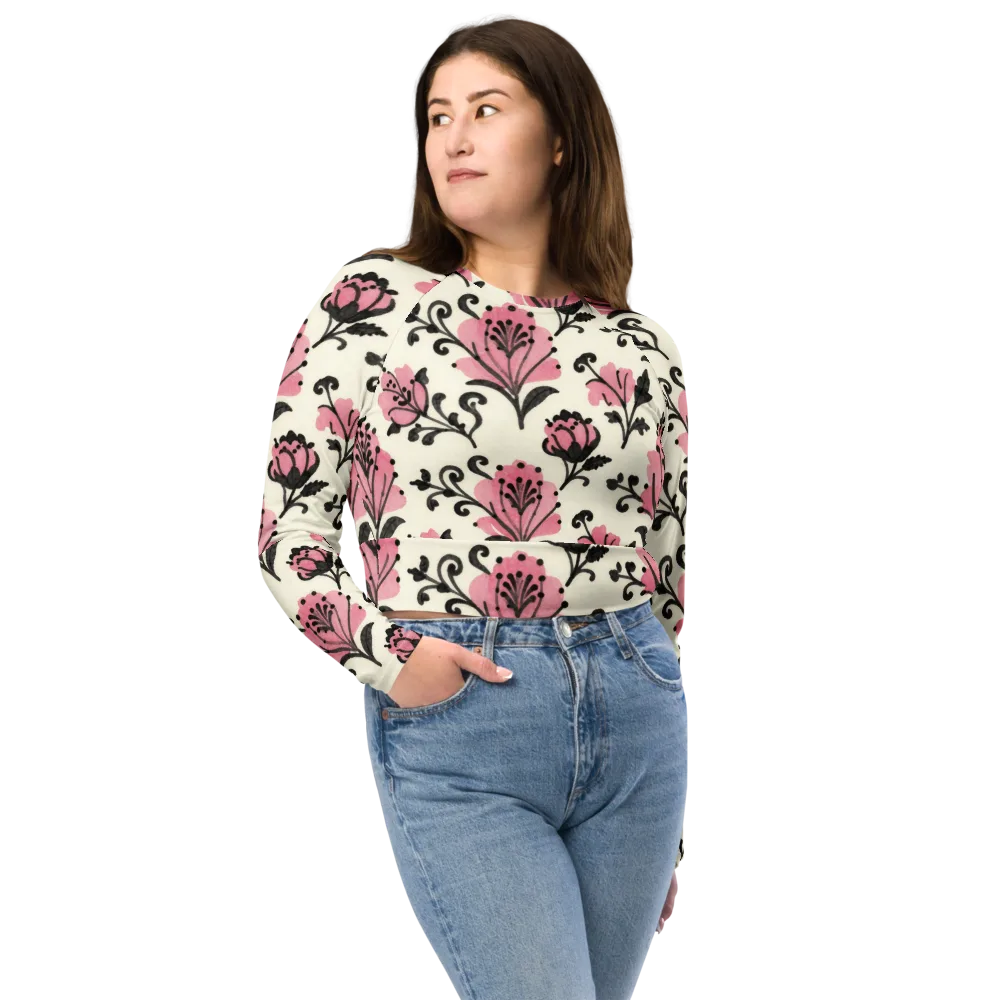Pink Curlicue Garden on Long Sleeve Crop Top — Front